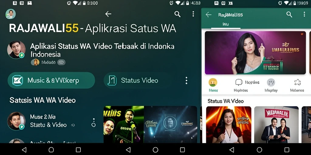Antarmuka aplikasi RAJAWALI55 menampilkan video status menarik dan mudah digunakan.