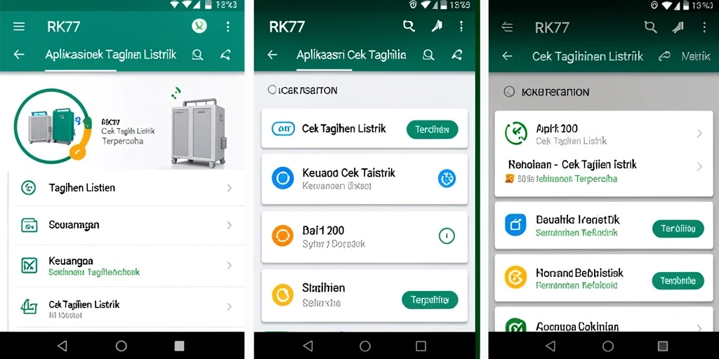 Antarmuka aplikasi RK77 untuk cek tagihan listrik dengan fitur lengkap.